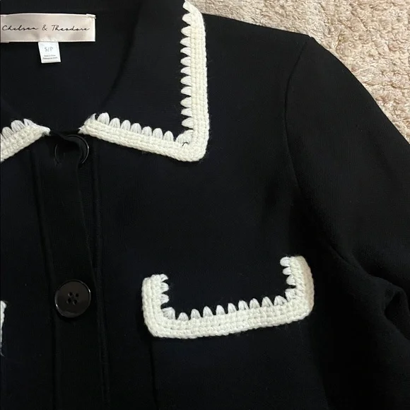 Chelsea & Theodore Black Cardigan with Knit Embroidered White Trim Details Small - Picture 5 of 8